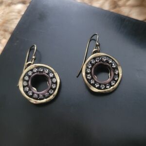 Round Mixed Metal Dangle Earrings, Gold Toned with Gunmetal & Bling